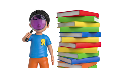 Boy with Magnifying Glass Examines Stack of Colorful Books