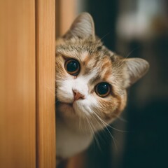 Curious Calico Cat Peeking Around Wooden Door with Intense Gaze