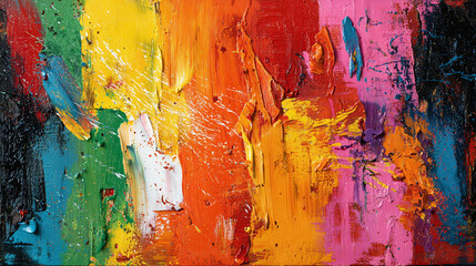 Abstract, vibrant painting with bold strokes and a spectrum of colors, including red, orange, yellow, green, and pink. The artwork showcases a dynamic composition.