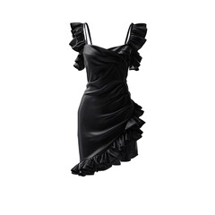Black dress with ruffles, draping, and thin straps