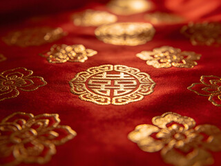 ornate gold thread dragon motif on red fabric for lunar new year design