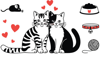 Two cute cats sitting together with hearts and pet accessories on transparent background
