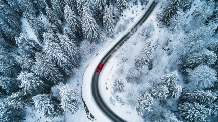 Aerial view of a winding road in a snow-covered forest, with a red car visible