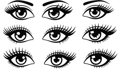 A set of illustrated eyes with various eyelashes and eyebrow styles on transparent background