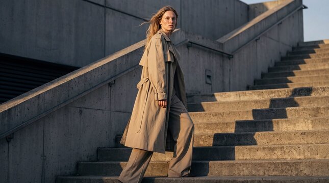 Stylish young woman modeling oversized beige trench coat while walking up urban concrete stairs with dramatic shadows - Powered by Adobe