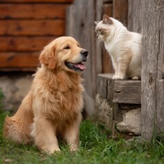 Happy Golden Dog Looking at Cream Colored Cat Sitting Outdoors