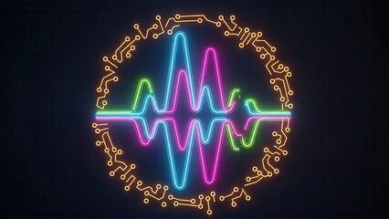 Neon circuit board heartbeat line waveform on black background