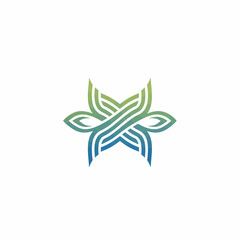 A vibrant abstract illustration of intertwined lines forming a stylized flower-like pattern in blue and green hues on a white background.