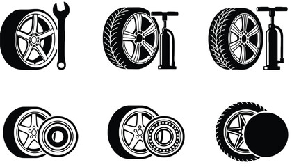 A set of black and white icons featuring various car tires and tools on transparent background