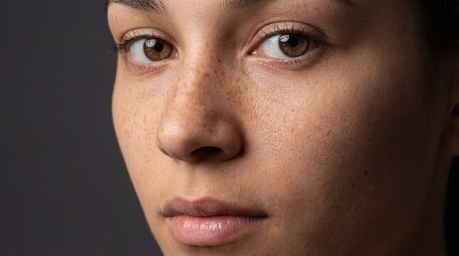 Extreme close up macro portrait of young mixed race woman with freckles and brown eyes showing natural skin texture and pores on dark grey background