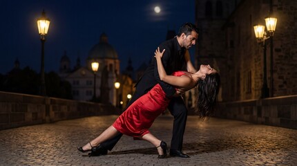 Passionate couple dancing a dramatic tango dip on a cobblestone street at night in a historic European city under the full moon.