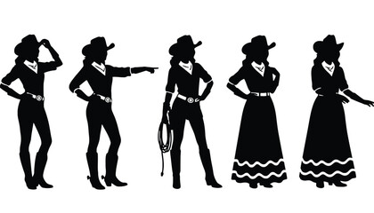 Five cowgirl silhouettes standing in different poses on transparent background