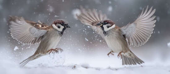 Sparrow Pair Flying in Snowy Winter Scene with Wings Spread