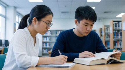Fototapeta premium Focused East Asian high school students studying together in the library, boy reading a book and girl writing notes.