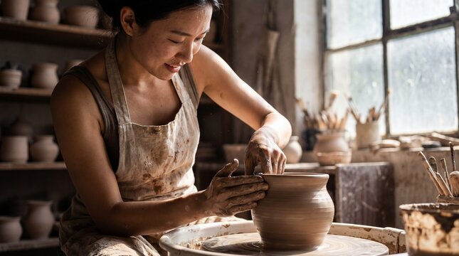 Focused Asian woman artist shaping a wet clay pot on a pottery wheel in a sunlit rustic studio workshop - Powered by Adobe