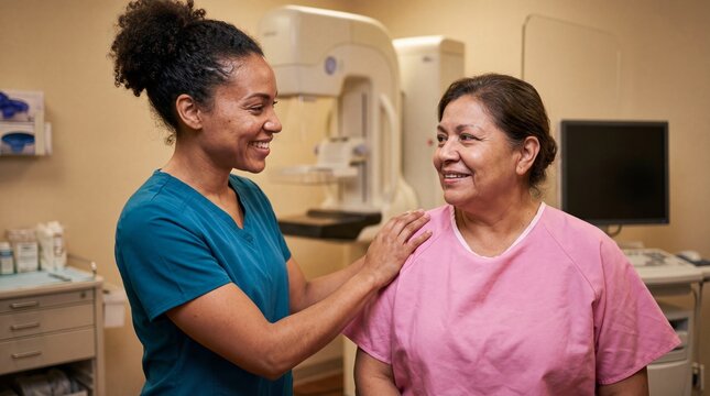 Caring nurse comforting a senior female patient with a reassuring hand on her shoulder before a mammogram in a hospital clinic.