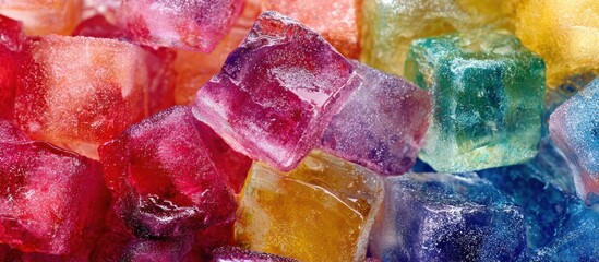 Colorful Ice Cubes Stacked, Vibrant Rainbow Colors, Refreshing Cool Texture