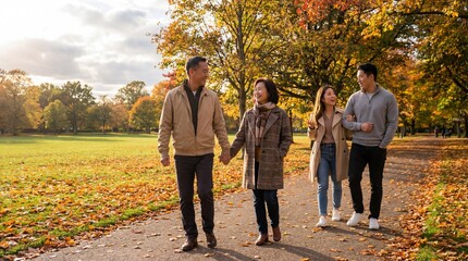 Happy multi-generational Asian family walking together on a path in a park during a beautiful autumn day with golden foliage.