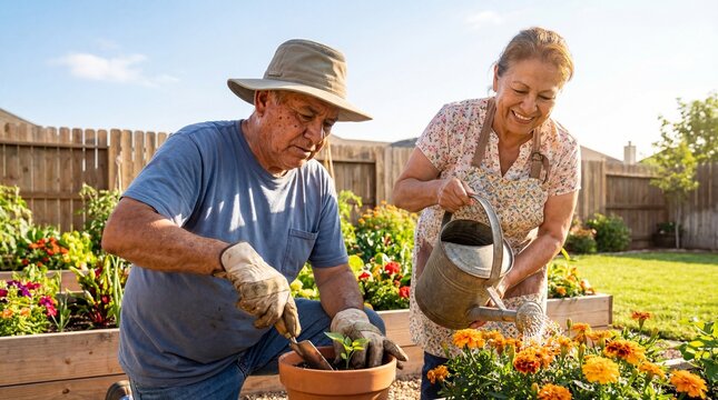 Elderly Hispanic couple gardening together in a sunny backyard, man potting a plant and smiling woman watering flowers. - Powered by Adobe