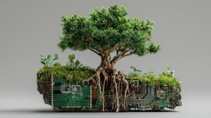 A conceptual image displays a tree growing from an electronic circuit board. Roots are exposed, surrounded by vibrant greenery. A creative juxtaposition of nature and technology