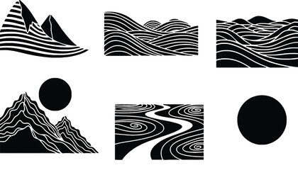 A set of modern abstract landscape designs on transparent background