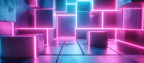 Neon cubes in a futuristic room