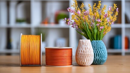 Still life featuring 3D printing filaments, vases, and flowers set upon a wooden surface, with a blurred shelf in the background