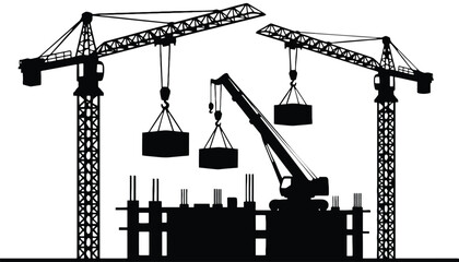 A silhouette of construction cranes and a building under construction