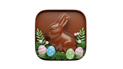 Chocolate Easter Bunny with Decorated Eggs and Spring Foliage