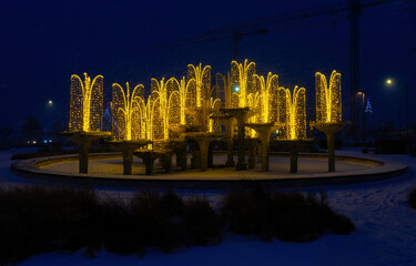 Christmas decorated fountains on Kosciuszko Square in Gdynia, South Pear	