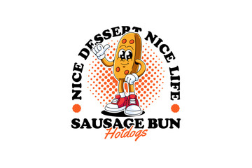 Sausage bun retro cartoon character mascot illustration with standing and thumb up hand pose for cafes and pastry branding and merchandise. Stuffed bun, Hotdog sandwich.
