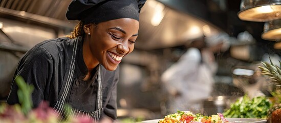 Smiling Female Chef in Black Uniform Cooking Food