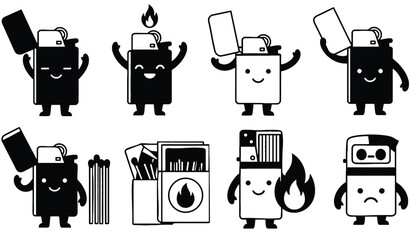 A set of cute cartoon matchboxes and lighters on transparent background