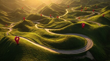 Aerial view of a winding road network, featuring numerous red location markers on lush, rolling hills bathed in sunlight