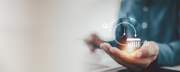 Time Management, Business Strategy and Planning for Success Concept , Man hand holding  Time Management ,  scheduling, and business , symbolizing effective planning, productivity, and strategy for fut