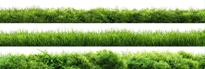 Three rows of vibrant green grass patches against a clean white backdrop