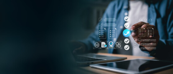 Quality Assurance Data Verification and Compliance Standard Checklist  , Man using check digital checklists and quality standards of business quality assurance, compliance, and data verification proce