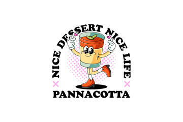 Panna cotta italian pudding dessert retro cartoon character mascot illustration with standing and love hand pose for cafes and pastry branding and merchandise