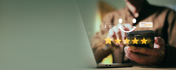 Customer giving an "Excellent" 5-star rating on a smartphone, reflecting an excellent user experience, quality product/service evaluation, and digital feedback survey.