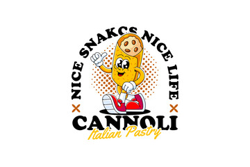 Cannoli italian pastry retro cartoon character mascot illustration with walking and thumb up pose for cafes and pastry branding and merchandise. Filled pastry roll mascot vector.