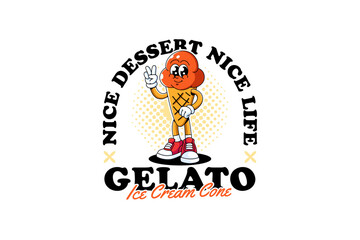 Gelato ice cream cone retro cartoon character mascot illustration with standing and peace hand pose for cafes and pastry branding and merchandise