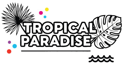 A vibrant tropical paradise logo with colorful dots and leaves on transparent background