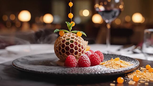 Elegant sphere dessert with raspberry and citrus presentation on plate with fog