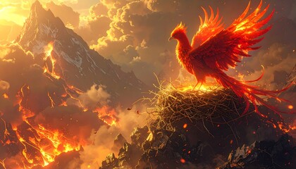 Majestic phoenix rising from fiery mountain nest