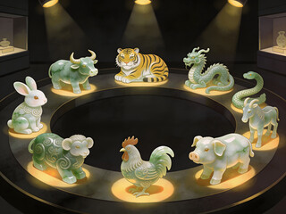 decorative jade animal statues and zodiac set in museum showcase