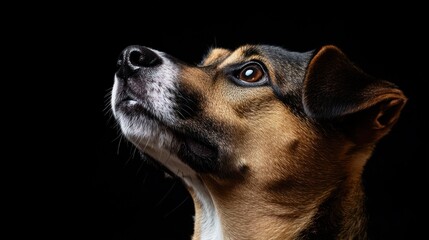 Close-up portrait of a dog looking up