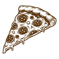 Vintage Illustration of a slice of pepperoni pizza with melted cheese on transparent background