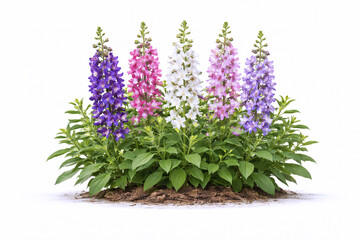 Obraz premium Delphinium (Larkspur) Flower Garden — Mixed Colors, Realistic Botanical Illustration on White Background