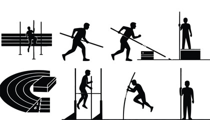 A silhouette of a man participating in various track and field events on transparent background