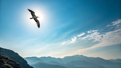 Naklejka premium A single seagull soaring high in bright blue sky over majestic mountains and glowing sun